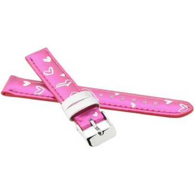 Kinderleren bandje 14mm, roze, zilveren gesp (met hartjesmotief)